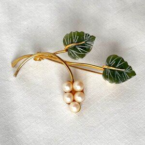 Vintage WINWARD estate MCM Real Green Jade Pearls Floral Brooch pin 12K GF NOS!